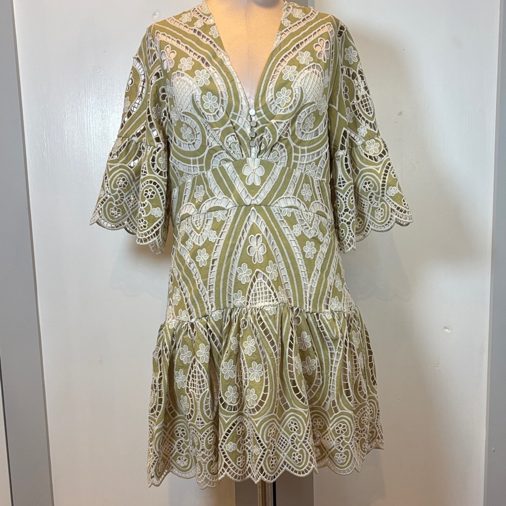 Boho Embroidered Mini Dress -
Olive Green & White Size Medium